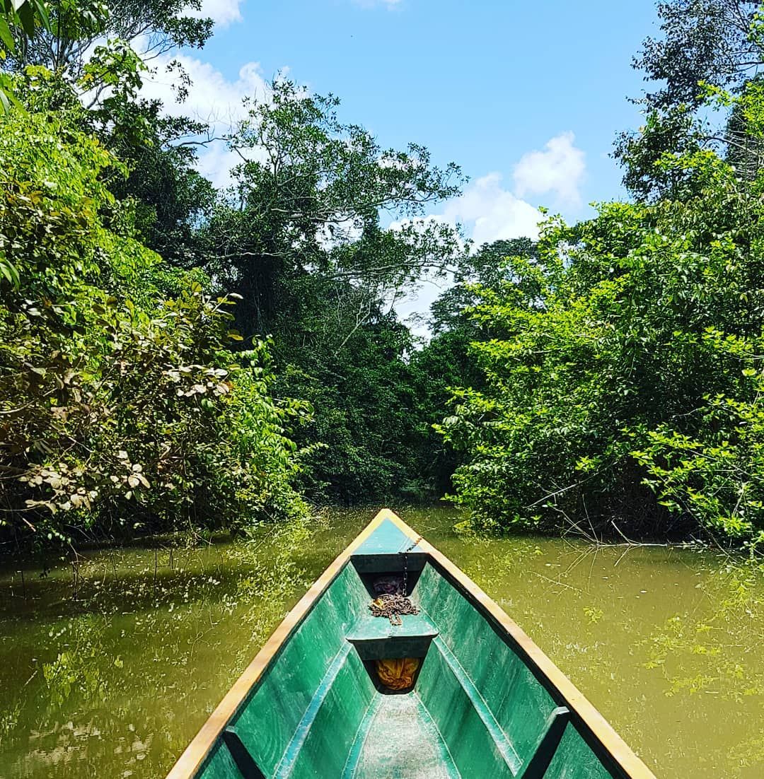 Green canoe on river, at Ampiri.