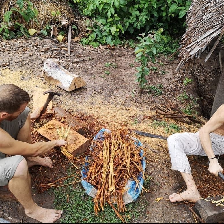 People preparing roots, faces down, clothed, at Ampiri.