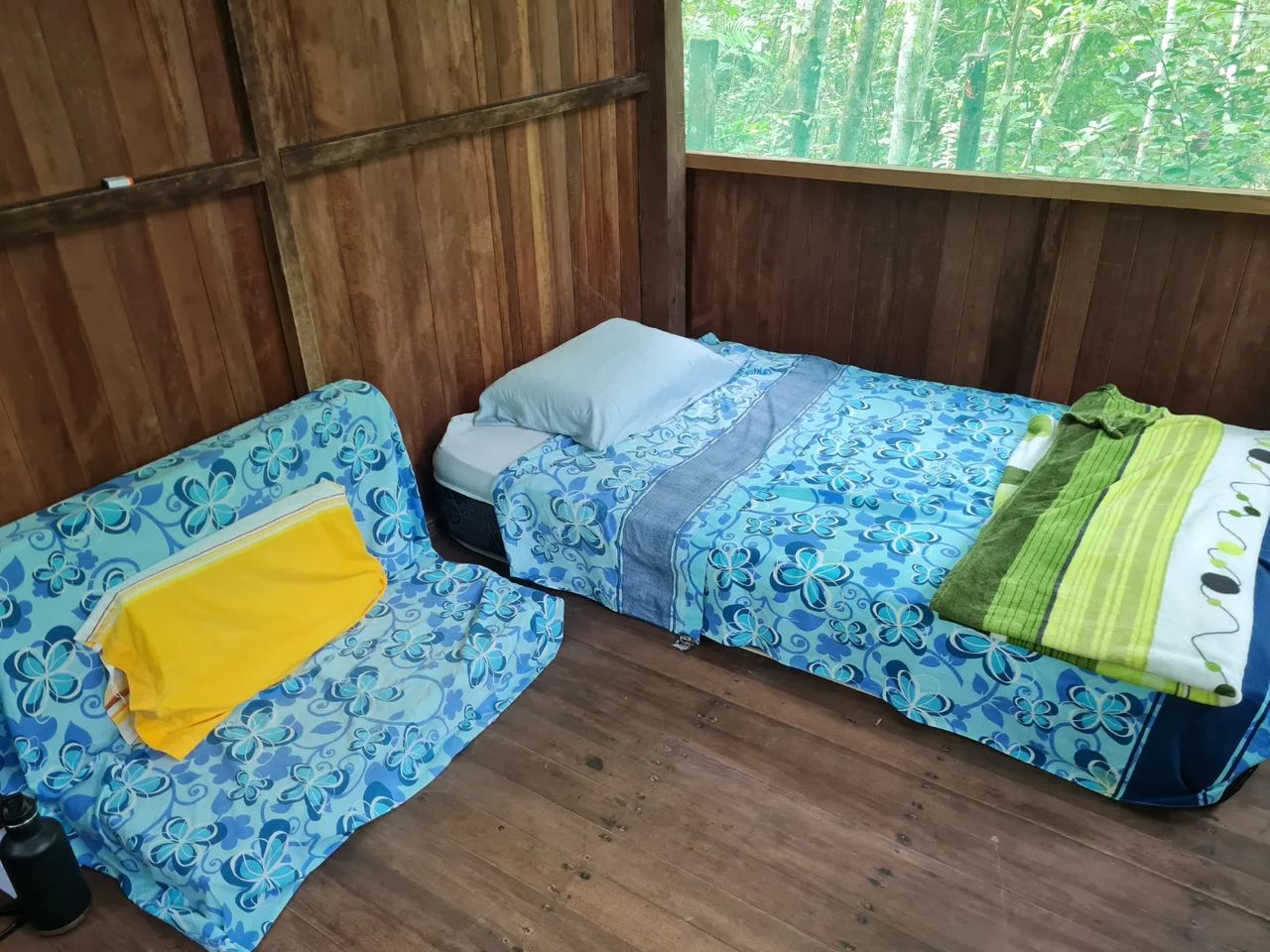 Inside a private hut: two beds made up in blue, wooden walls, the forest at the window.