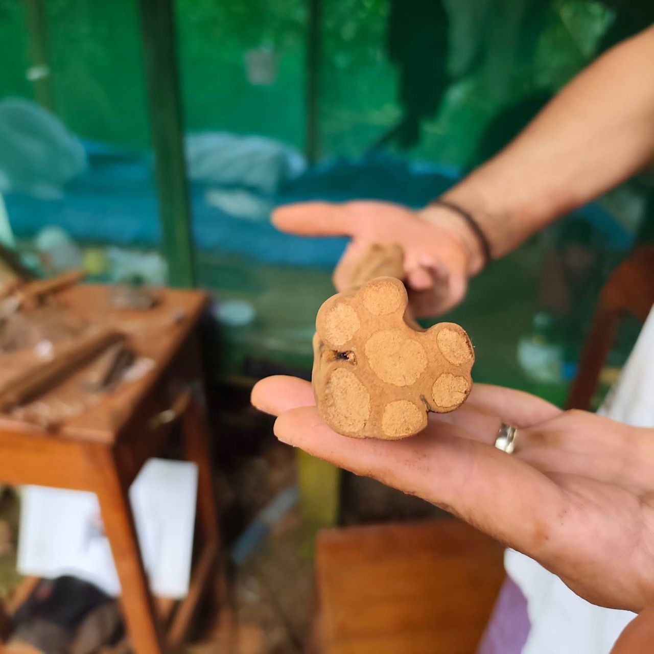 Hands holding wooden figure, at Ampiri.